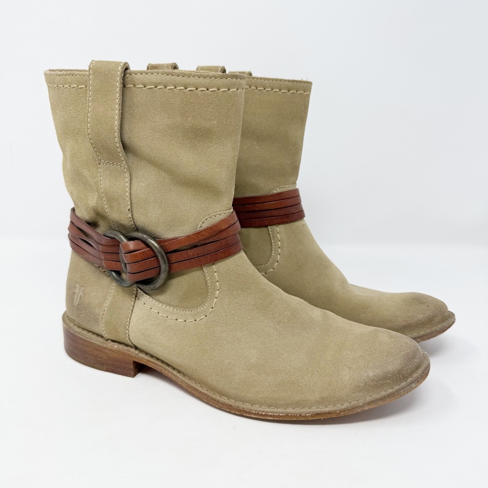 Frye Harness Suede Short Ankle Boots Beige‎ Tan Leather Straps 7.5 - Picture 14 of 14